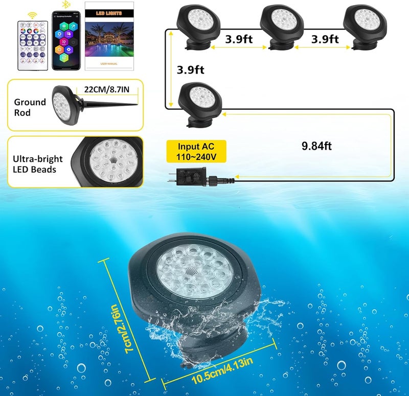 T-SUN Pond Lights LED Underwater 16M Colors with App and Remote, Submersible Fountain Light with Timer and Dimmable, Music Sync, Outdoor Spotlights for Koi Pond, Garden, Yard - Image 2